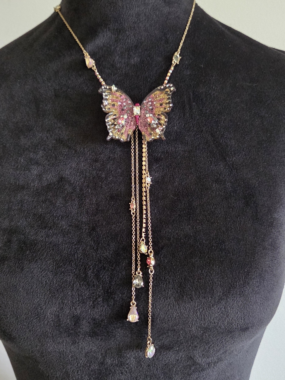 Betsey Johnson Gold-Tone Pink Butterfly Drop Necklace